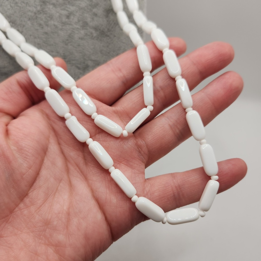 Vintage White Milk Glass Bead Long Necklace Oblong Beads Czech Style